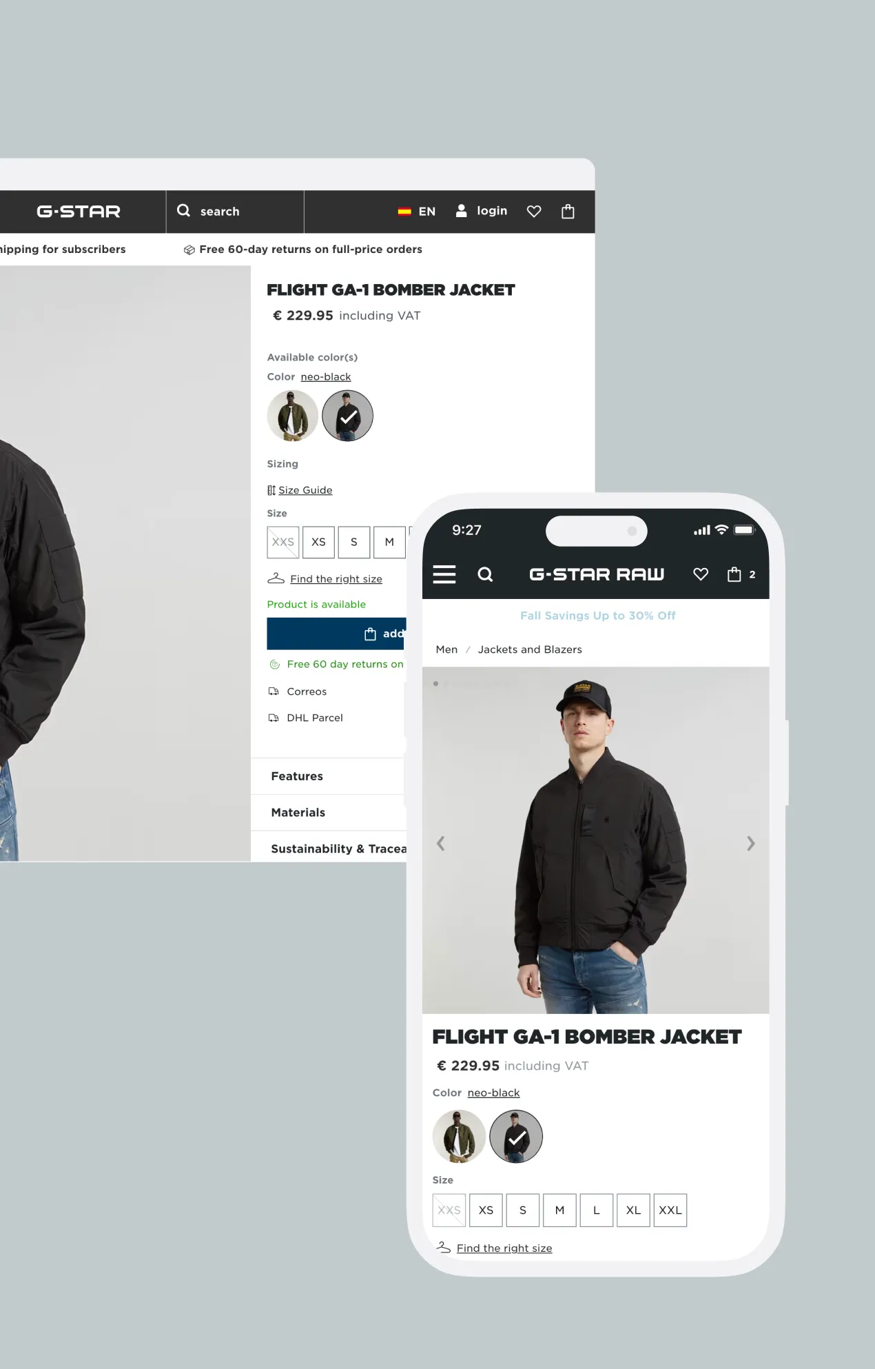 G-Star RAW product listing page with the new fit selector
