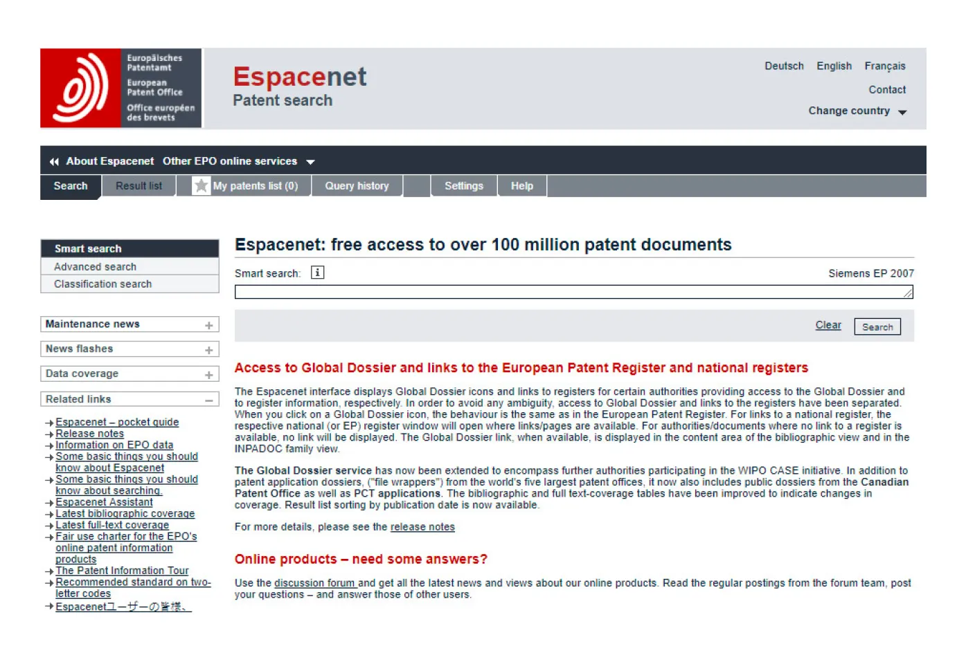 The old Espacenet interface
